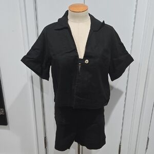 2-pc Linen Blend Black Short Set With Oversized Top Size Medium NEW